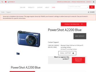 PowerShot A2200 Blue driver download page on the Canon site