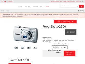 PowerShot A2500 Red driver download page on the Canon site