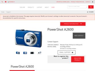 PowerShot A2600 Silver driver download page on the Canon site