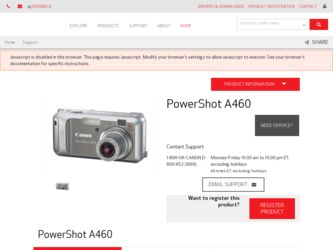 PowerShot A460 driver download page on the Canon site