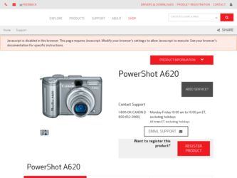 PowerShot A620 driver download page on the Canon site