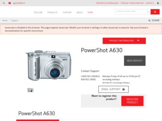 PowerShot A630 driver download page on the Canon site