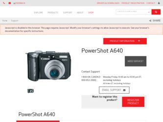PowerShot A640 driver download page on the Canon site