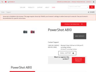 PowerShot A810 Silver driver download page on the Canon site