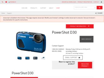 PowerShot D30 driver download page on the Canon site