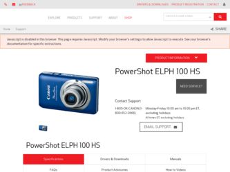 PowerShot ELPH 100 HS driver download page on the Canon site
