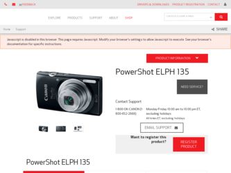 PowerShot ELPH 135 driver download page on the Canon site