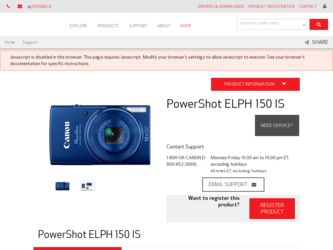 PowerShot ELPH 150 IS driver download page on the Canon site