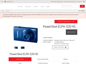 PowerShot ELPH 320 HS Blue driver download page on the Canon site