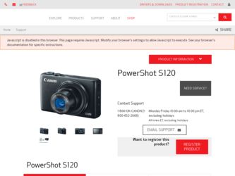 PowerShot S120 driver download page on the Canon site