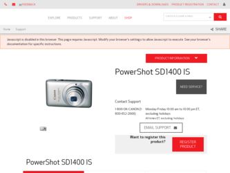 PowerShot SD1400 IS driver download page on the Canon site