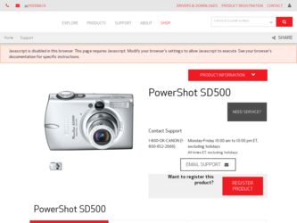 PowerShot SD500 driver download page on the Canon site