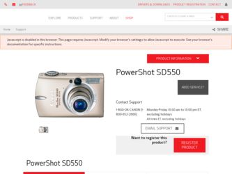 PowerShot SD550 driver download page on the Canon site