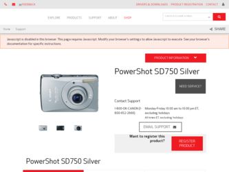 PowerShot SD750 Silver driver download page on the Canon site