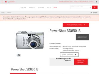 PowerShot SD850 IS driver download page on the Canon site