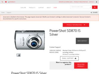 PowerShot SD870 IS Silver driver download page on the Canon site