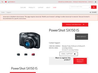 PowerShot SX150 IS driver download page on the Canon site