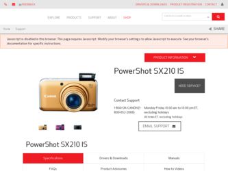 PowerShot SX210 IS driver download page on the Canon site