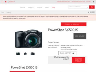 PowerShot SX500 IS driver download page on the Canon site