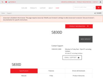 S830D driver download page on the Canon site