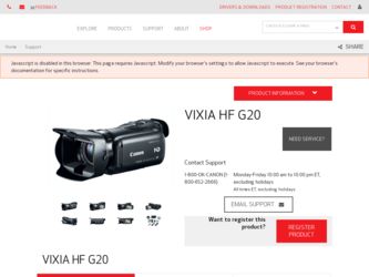 VIXIA HF G20 driver download page on the Canon site