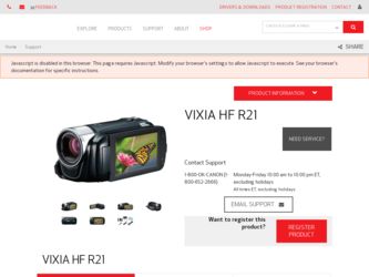VIXIA HF R21 driver download page on the Canon site