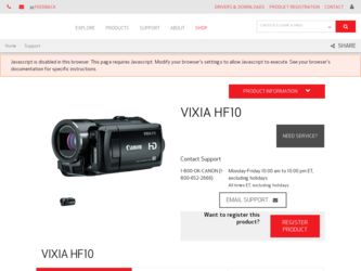 VIXIA HF10 driver download page on the Canon site