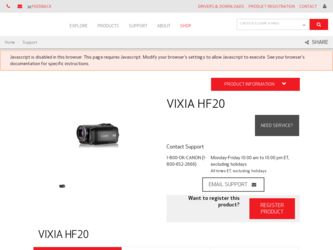 VIXIA HF20 driver download page on the Canon site