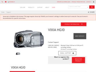 VIXIA HG10 driver download page on the Canon site