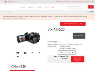 VIXIA HG20 driver download page on the Canon site