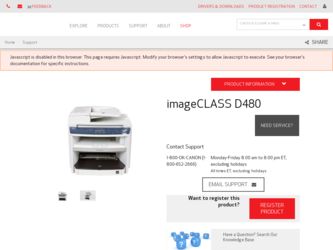 imageCLASS D480 driver download page on the Canon site
