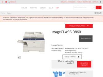 imageCLASS D860 driver download page on the Canon site