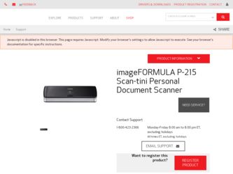 imageFORMULA P-215 Scan-tini Personal Document Scanner driver download page on the Canon site