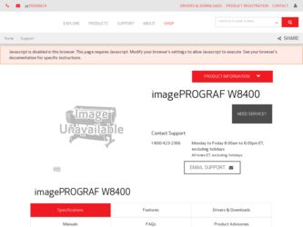 imagePROGRAF W8400D driver download page on the Canon site