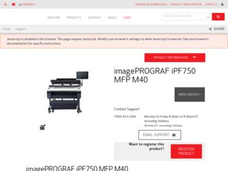 imagePROGRAF iPF750 MFP M40 driver download page on the Canon site