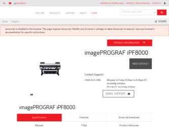 imagePROGRAF iPF8000 driver download page on the Canon site