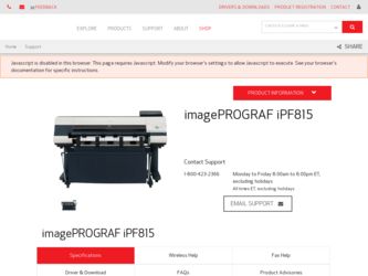 imagePROGRAF iPF815 driver download page on the Canon site