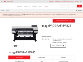 imagePROGRAF iPF825 driver download page on the Canon site
