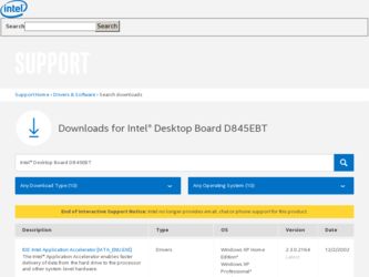 D845EBT driver download page on the Intel site