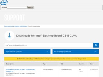 D845GLVA driver download page on the Intel site