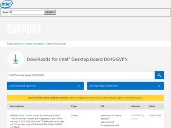 D845GVFN driver download page on the Intel site
