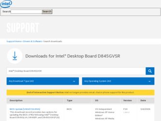 D845GVSR driver download page on the Intel site