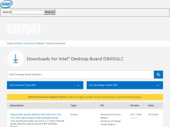 D865GLC driver download page on the Intel site