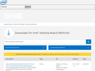 D865GSA driver download page on the Intel site