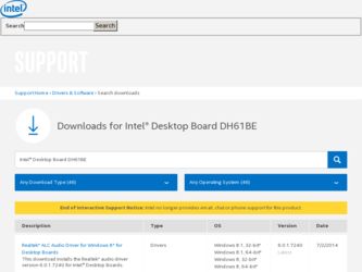 DH61BE driver download page on the Intel site