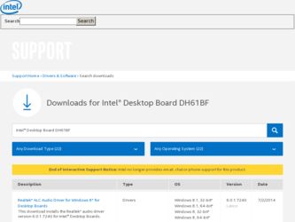 DH61BF driver download page on the Intel site