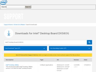 DX58OG driver download page on the Intel site