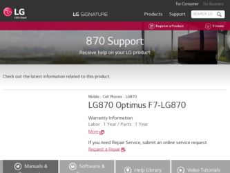 LG870 driver download page on the LG site
