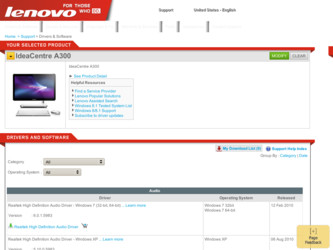 IdeaCentre A300 driver download page on the Lenovo site