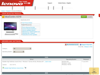 IdeaCentre A310 driver download page on the Lenovo site